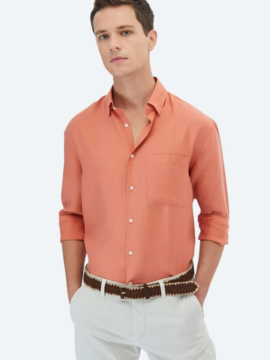 Turuncu Düz Oversize Fit Dokuma Casual Gömlek - 1