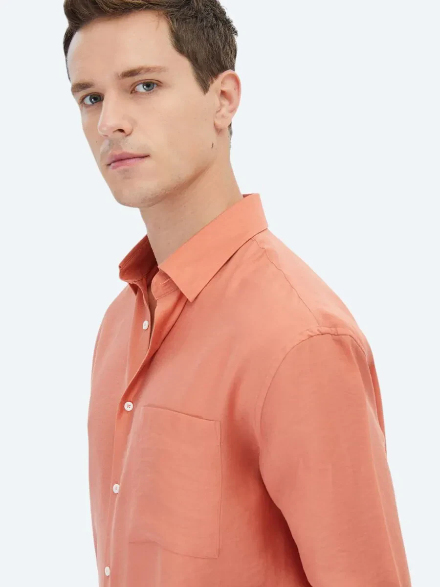 Turuncu Düz Oversize Fit Dokuma Casual Gömlek - 4