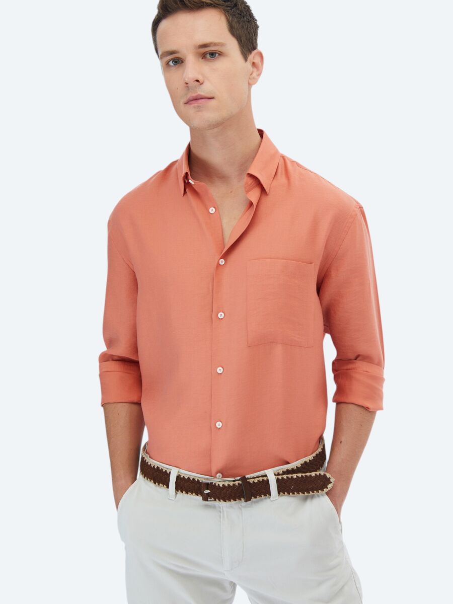 Turuncu Düz Oversize Fit Uzun Dokuma Casual Gömlek - 1