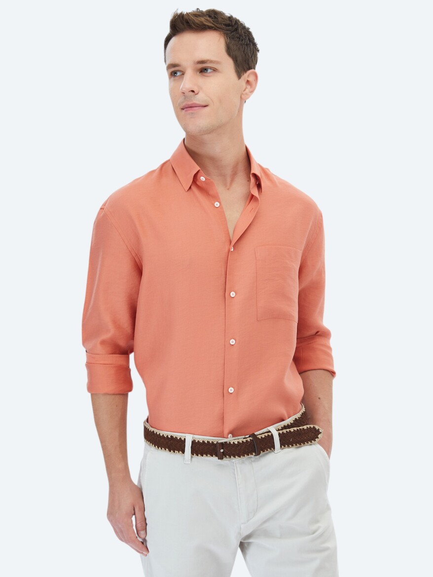 Turuncu Düz Oversize Fit Uzun Dokuma Casual Gömlek - 3