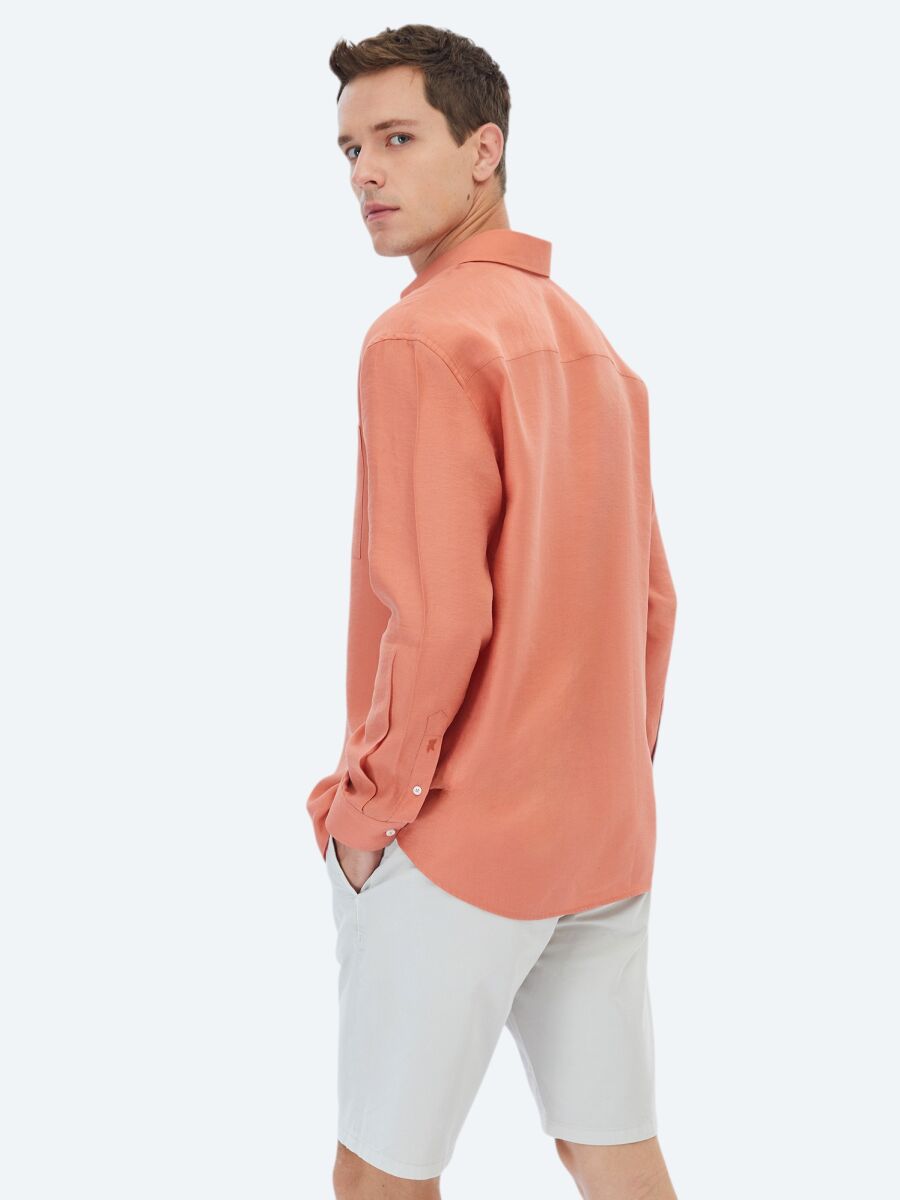 Turuncu Düz Oversize Fit Uzun Dokuma Casual Gömlek - 5