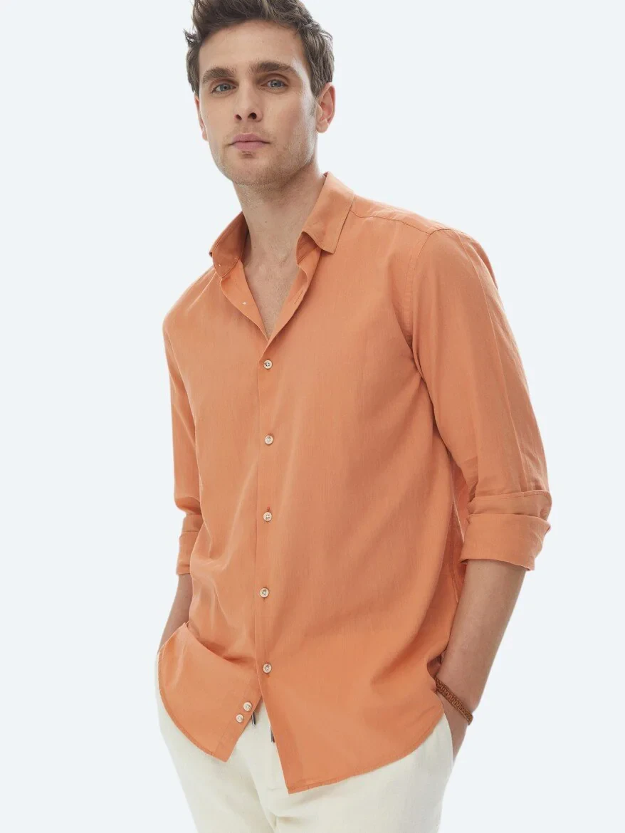 Turuncu Düz Regular Fit Dokuma Casual %100 Pamuk Gömlek - 1