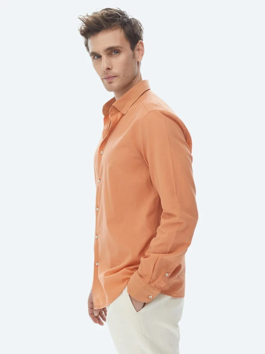 Turuncu Düz Regular Fit Dokuma Casual %100 Pamuk Gömlek - 2