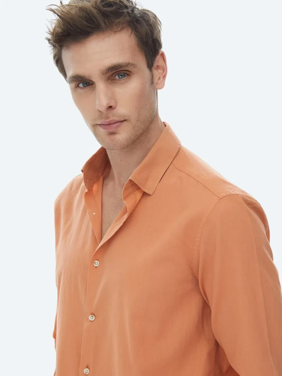 Turuncu Düz Regular Fit Dokuma Casual %100 Pamuk Gömlek - 3