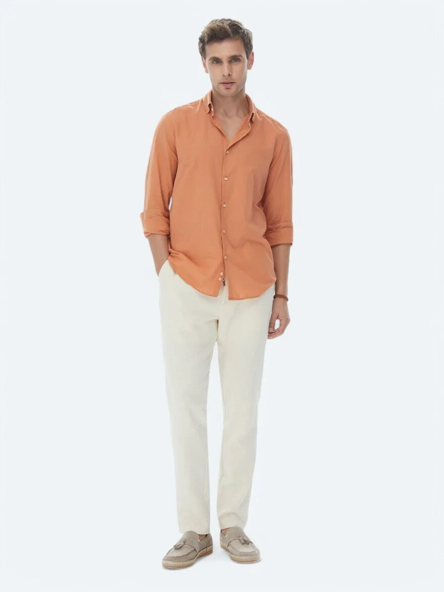Turuncu Düz Regular Fit Dokuma Casual %100 Pamuk Gömlek - 4