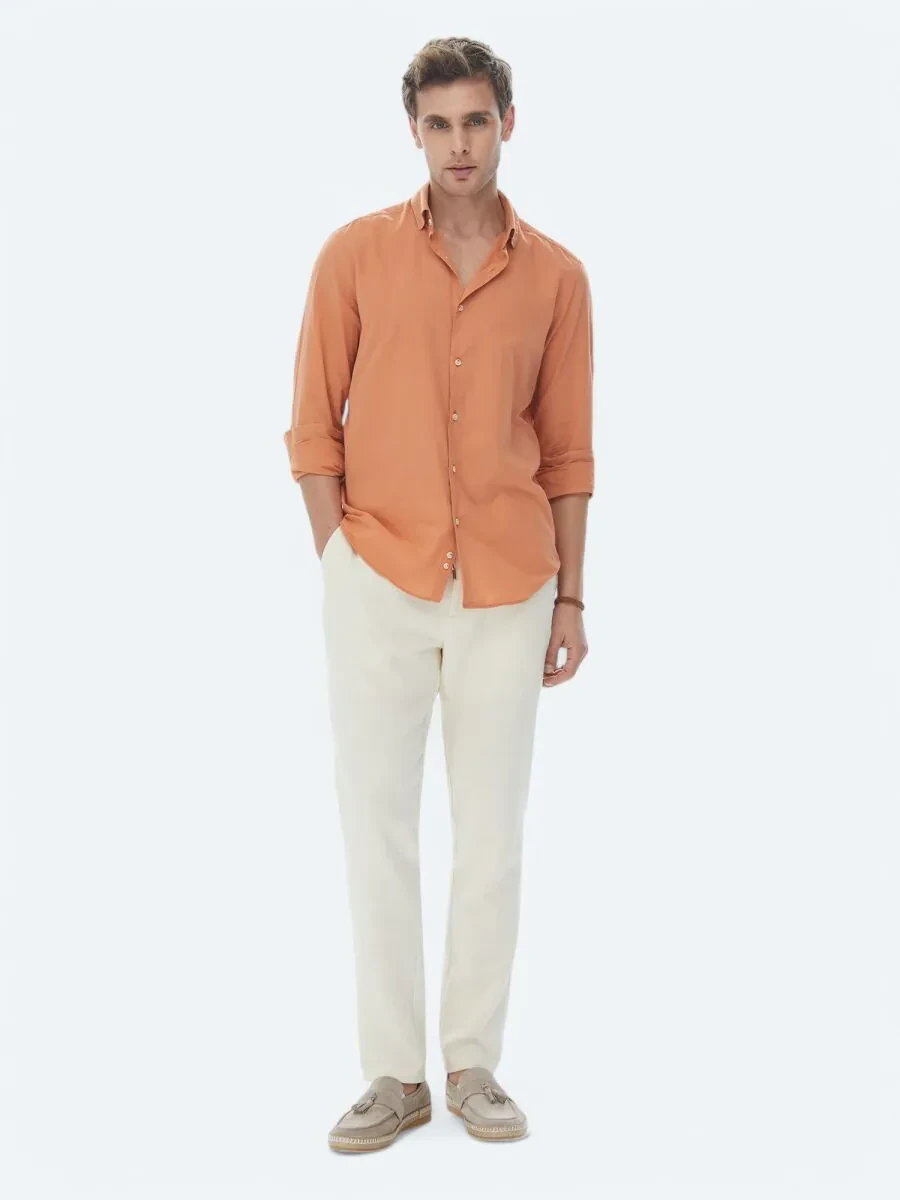 Turuncu Düz Regular Fit Dokuma Casual %100 Pamuk Gömlek - 4