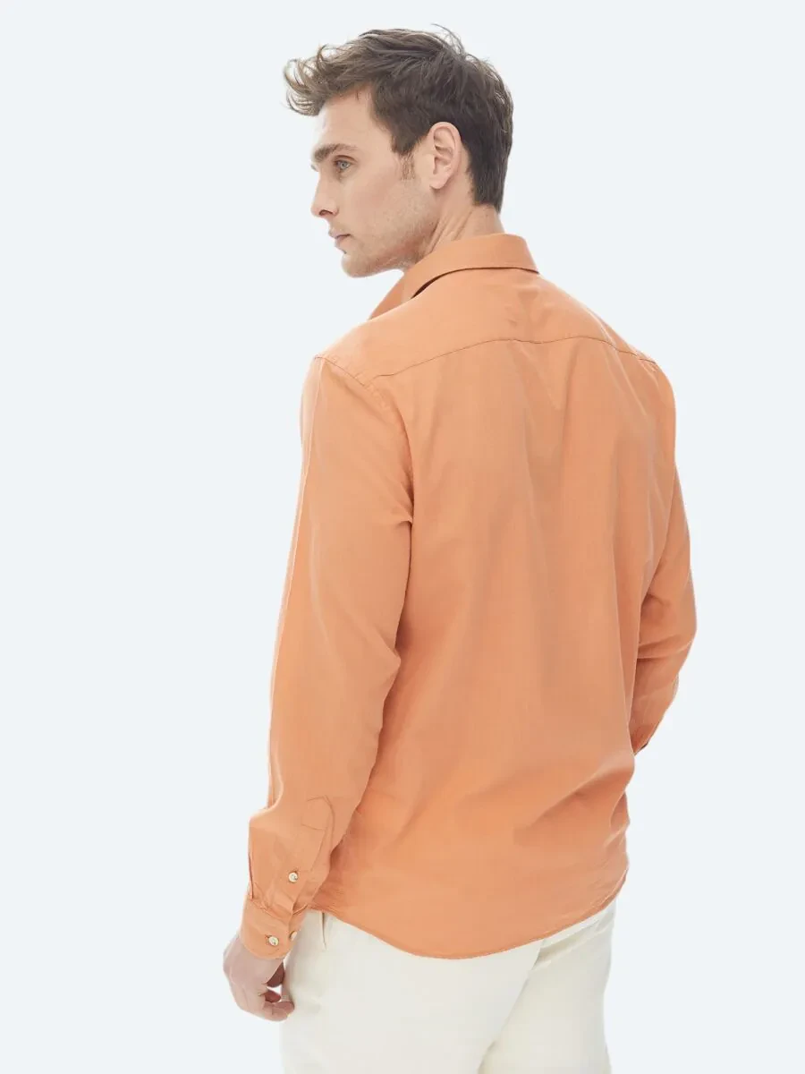 Turuncu Düz Regular Fit Dokuma Casual %100 Pamuk Gömlek - 6