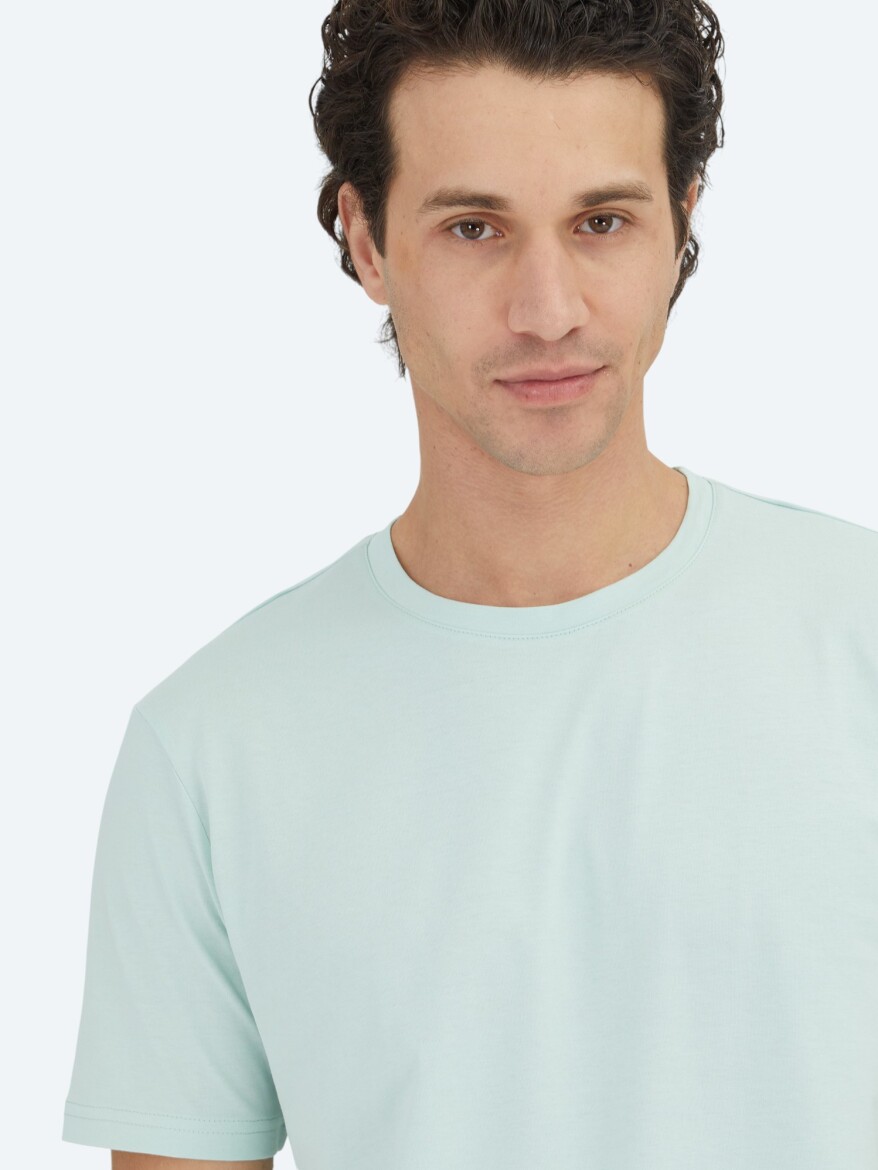 Unisex Açık Yeşil Düz Bisiklet Yaka %100 Pamuk T-Shirt - 3