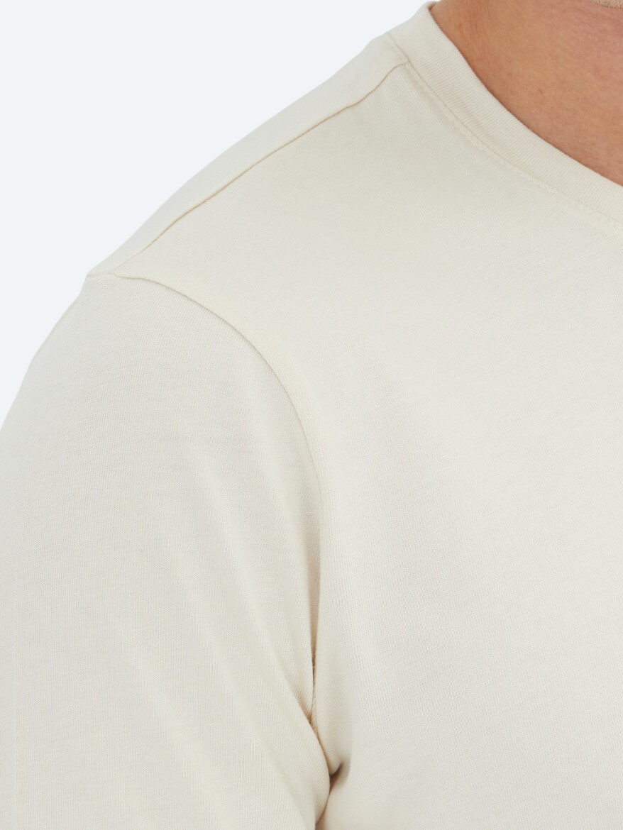 Unisex Ekru Düz Bisiklet Yaka %100 Pamuk T-Shirt - 4