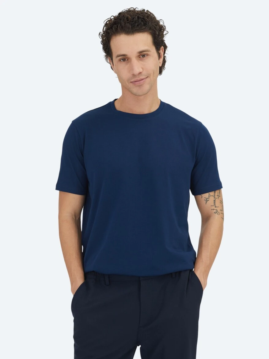 Unisex Lacivert Düz Bisiklet Yaka %100 Pamuk T-Shirt - KİP