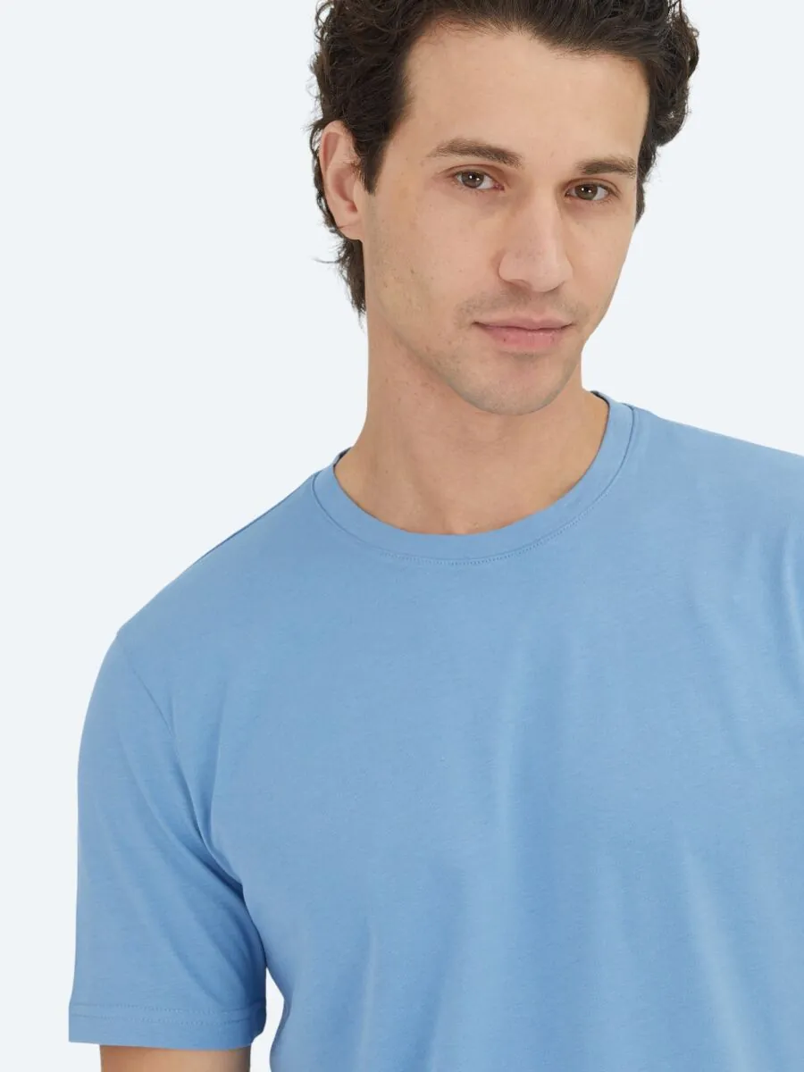 Unisex Mavi Düz Bisiklet Yaka %100 Pamuk T-Shirt - 3