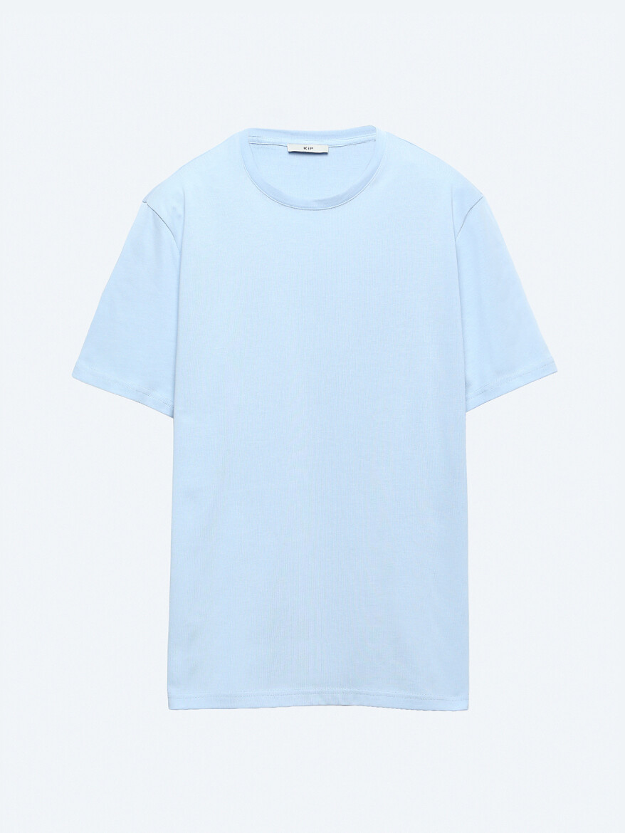 Unisex Orta Mavi Düz Bisiklet Yaka %100 Pamuk T-Shirt - 6