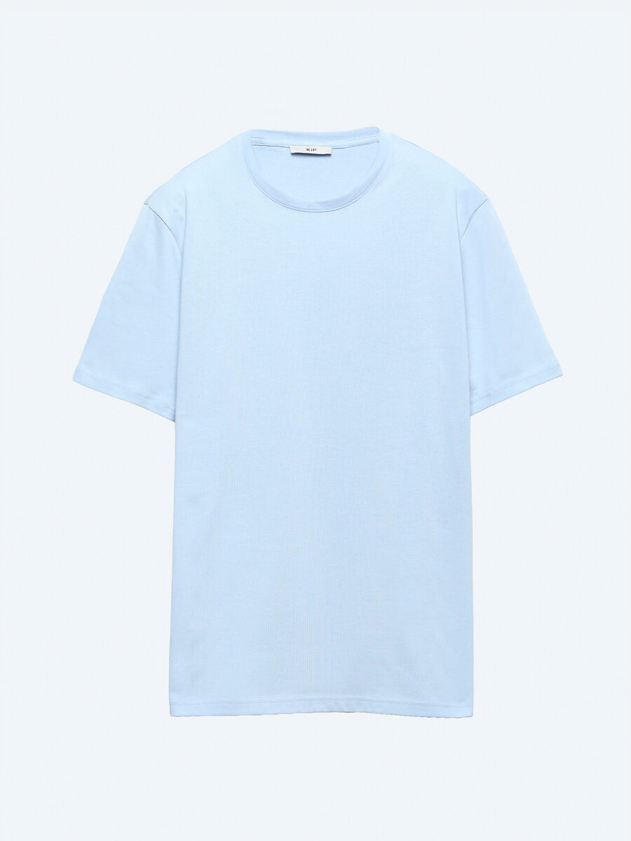 Unisex Orta Mavi Düz Bisiklet Yaka %100 Pamuk T-Shirt - 6