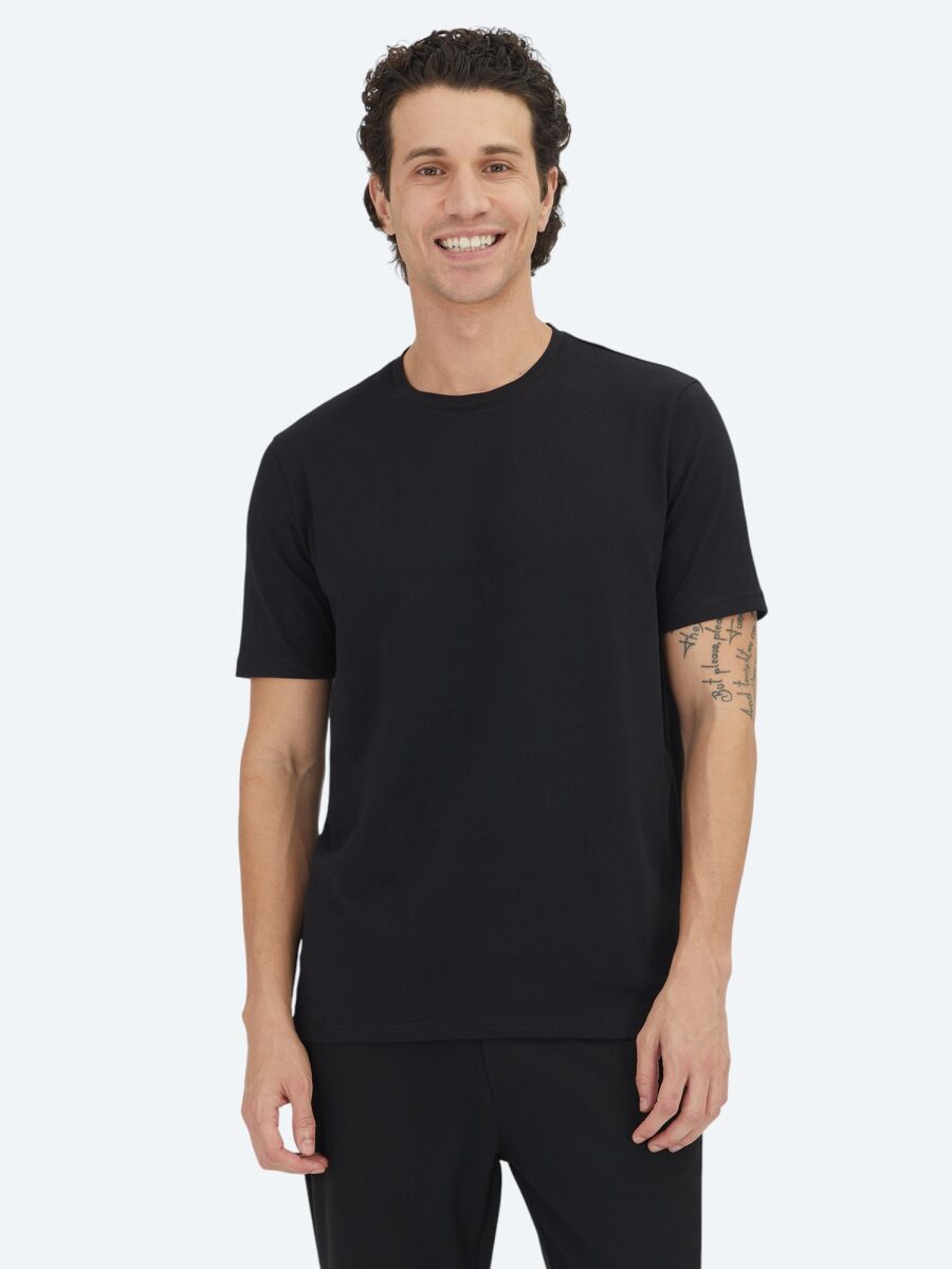 Unisex Siyah Düz Bisiklet Yaka %100 Pamuk T-Shirt - 1