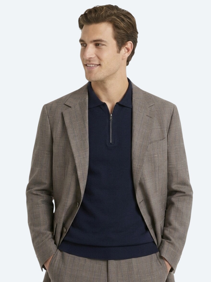 Vizon Çizgili Modern Fit İpek Karışımlı Takım Elbise - 2