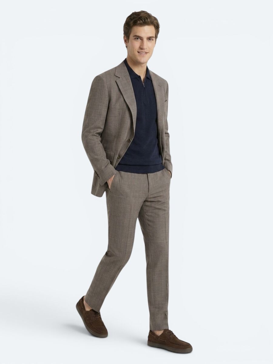 Vizon Çizgili Modern Fit İpek Karışımlı Takım Elbise - 3