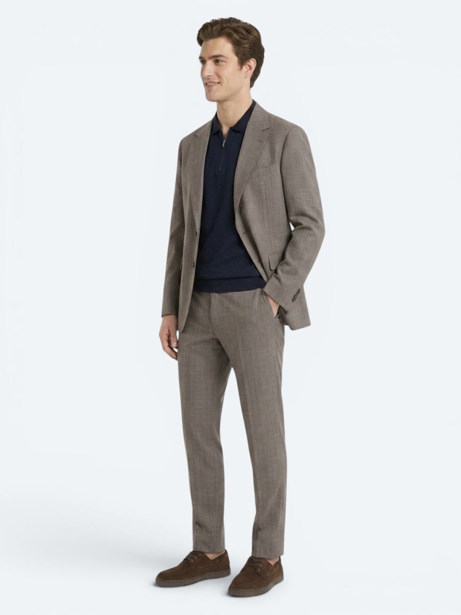 Vizon Çizgili Modern Fit İpek Karışımlı Takım Elbise - 4