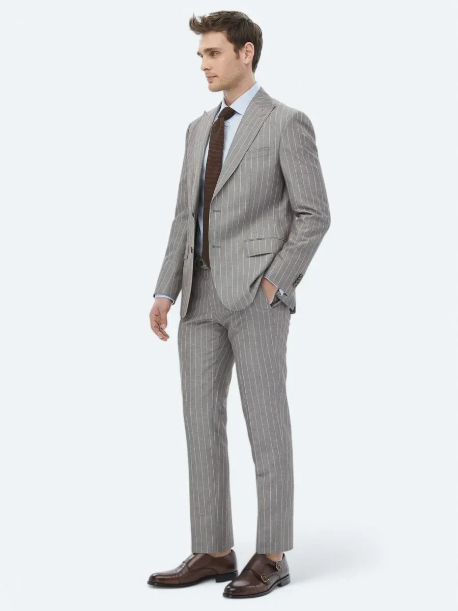 Vizon Çizgili Modern Fit Keten Karışımlı Takım Elbise - 6