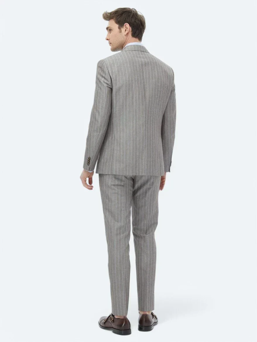 Vizon Çizgili Modern Fit Keten Karışımlı Takım Elbise - 9