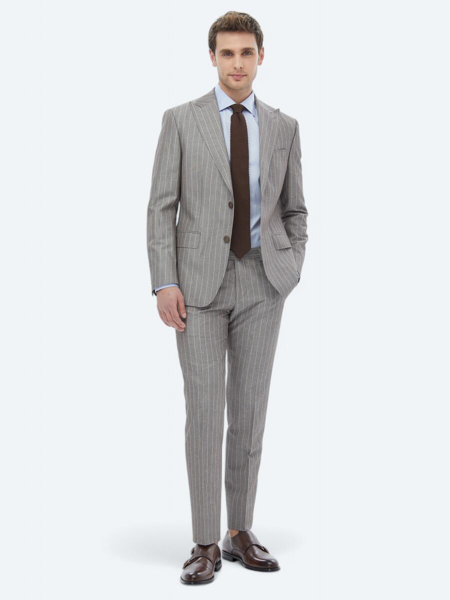 Vizon Çizgili Modern Fit Keten Karışımlı Takım Elbise - 2