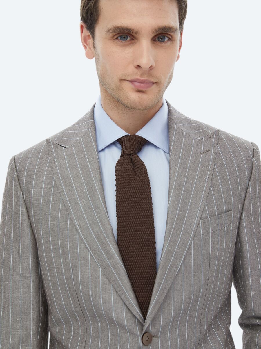 Vizon Çizgili Modern Fit Keten Karışımlı Takım Elbise - 7