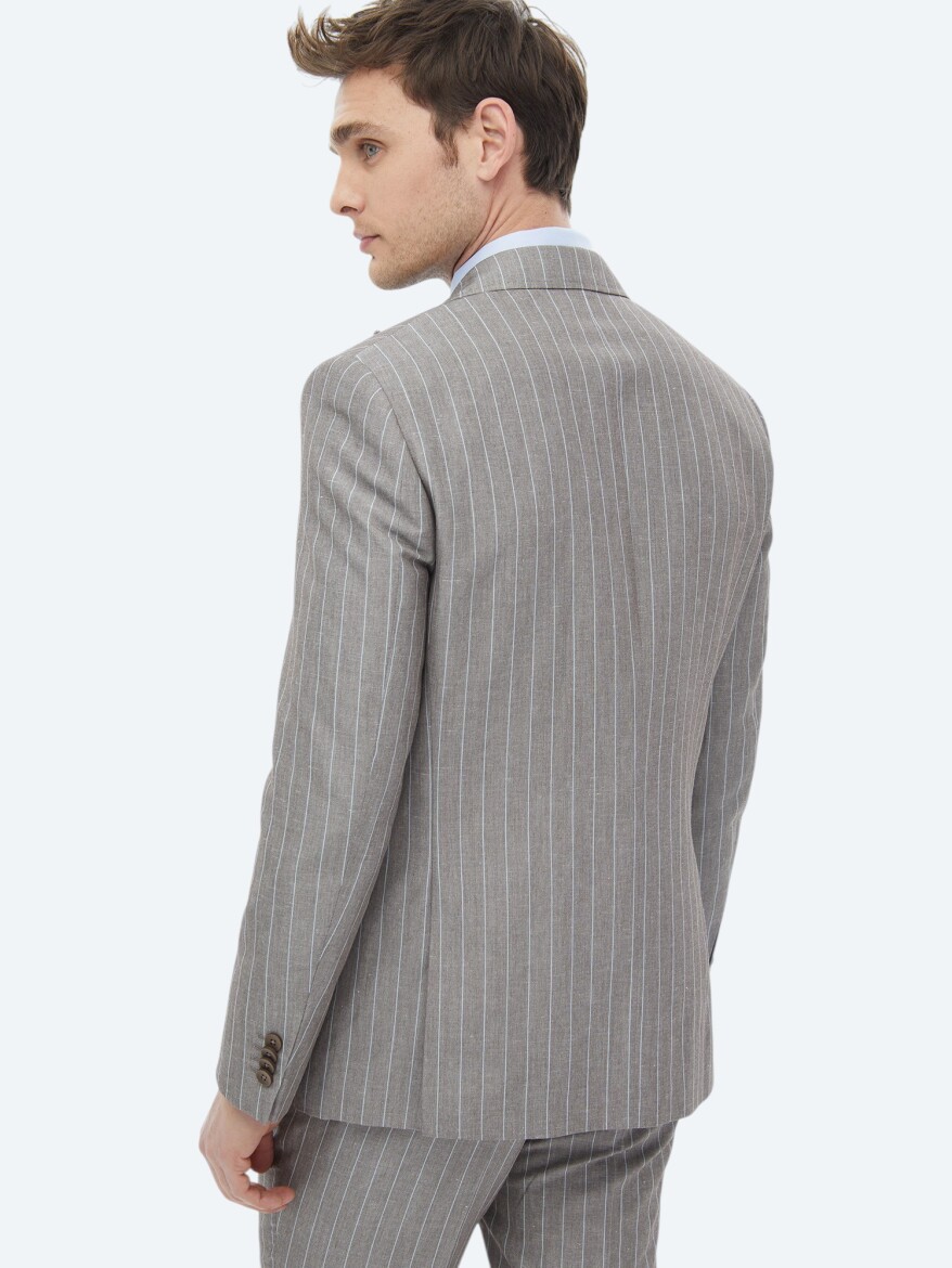Vizon Çizgili Modern Fit Keten Karışımlı Takım Elbise - 8