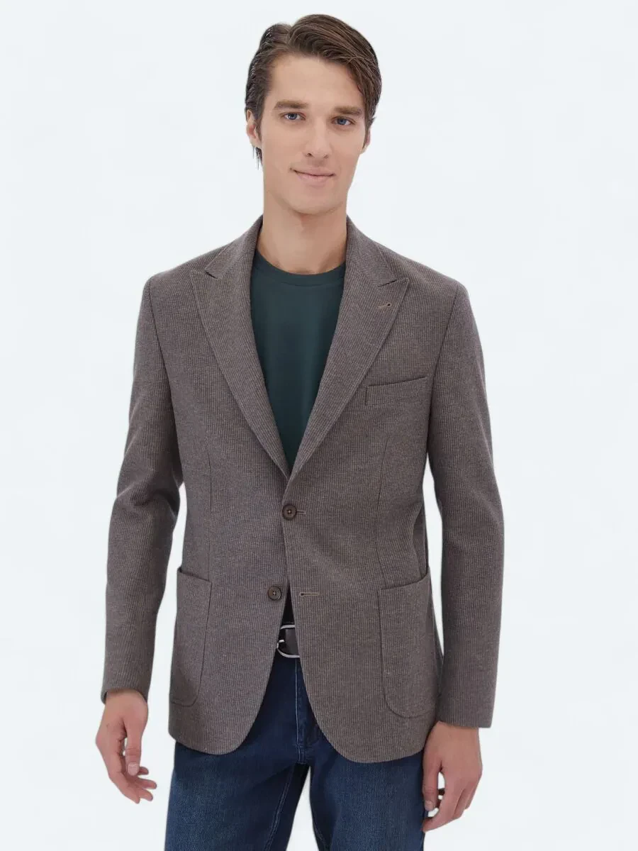 Vizon Çizgili Modern Fit Yün Karışımlı Ceket - 1