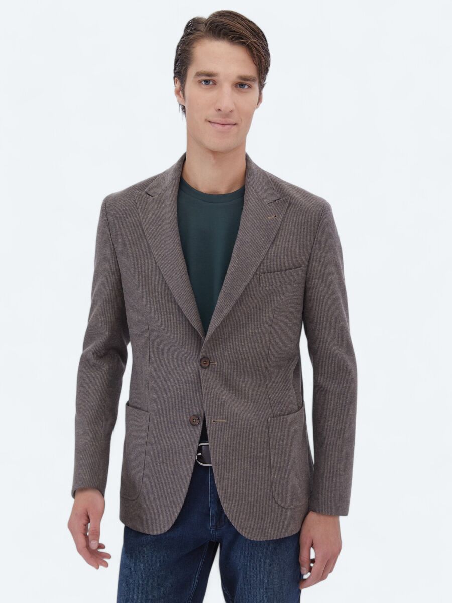 Vizon Çizgili Modern Fit Yün Karışımlı Ceket - 1