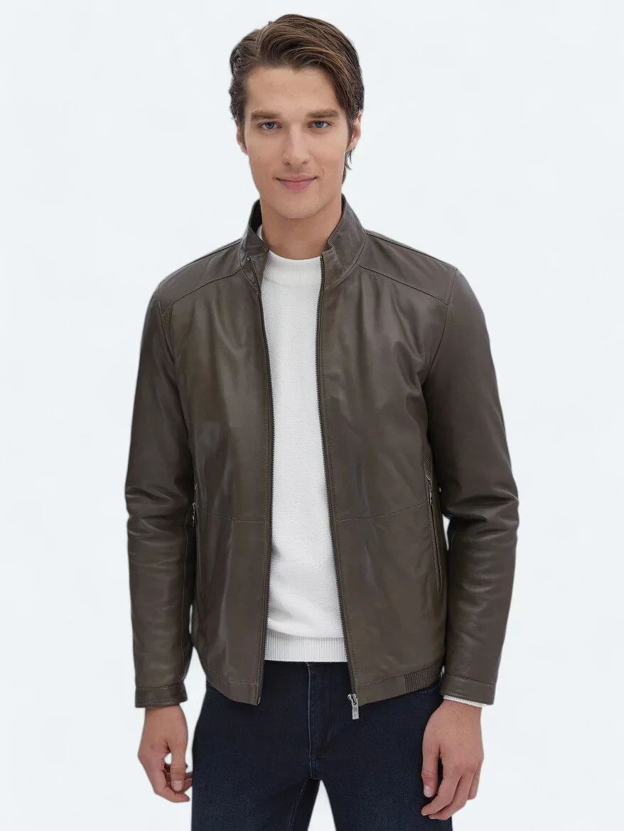Vizon Dik Yaka Smart Casual Koyun Derisi Deri Mont - 1