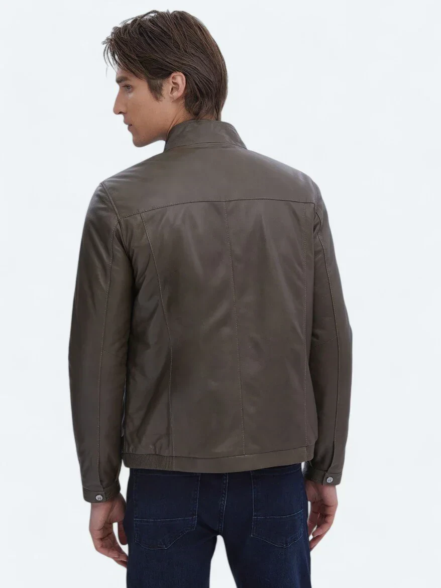 Vizon Dik Yaka Smart Casual Koyun Derisi Deri Mont - 8