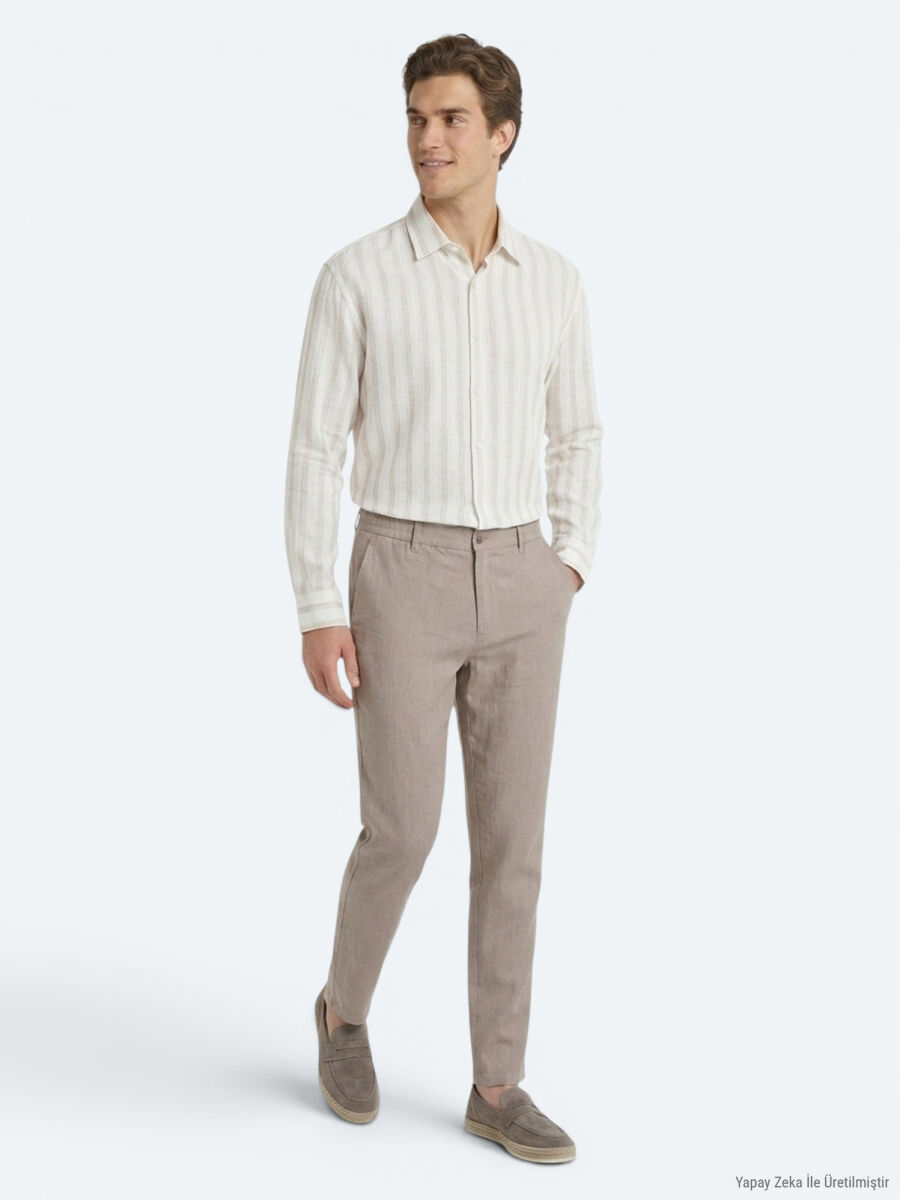 Vizon Dokuma Relaxed Fit Casual Pamuk Karışımlı Pantolon - 4