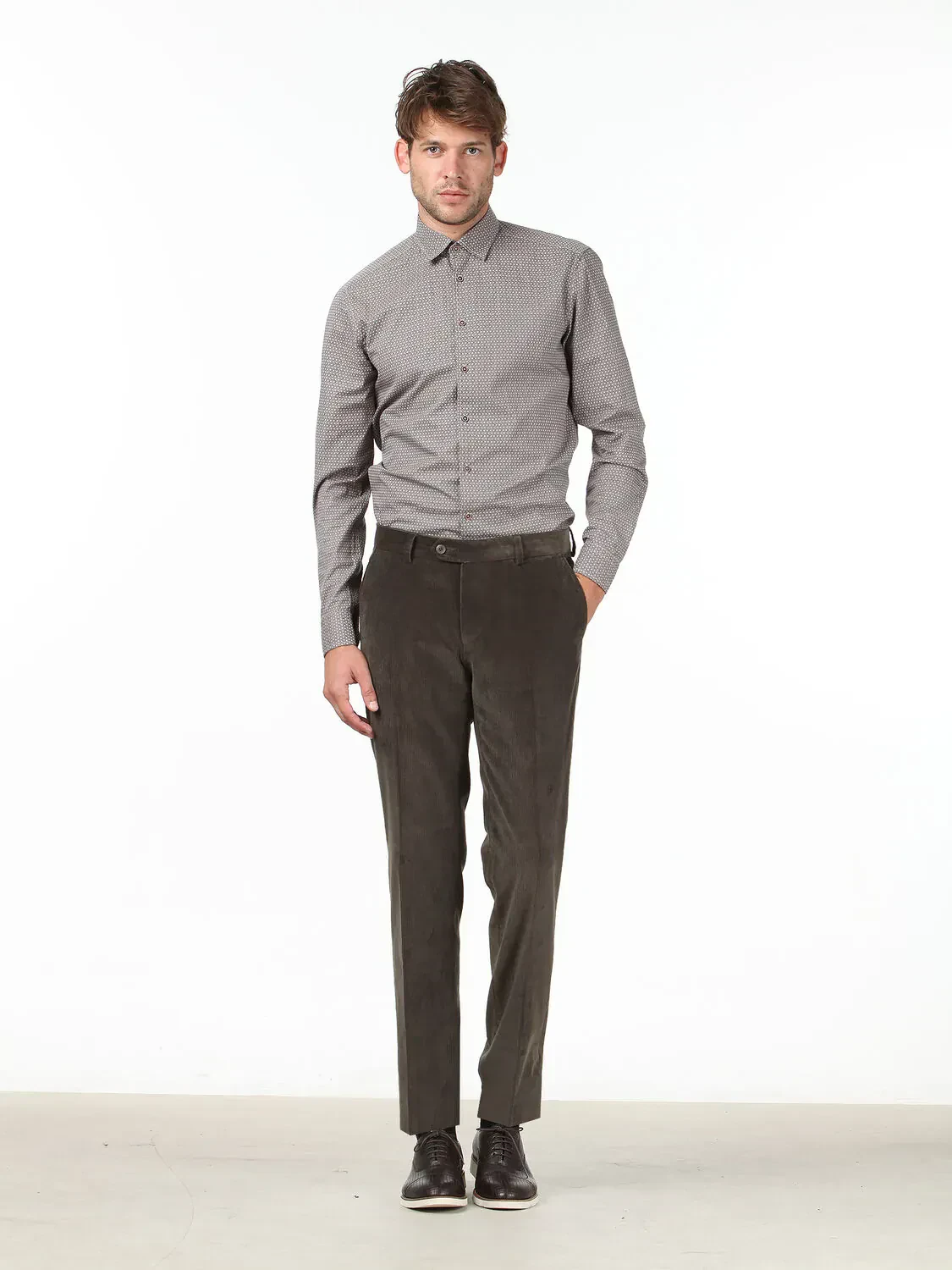 Vizon Düz Dokuma Slim Fit Kadife Klasik Pamuk Karışımlı Pantolon - 1