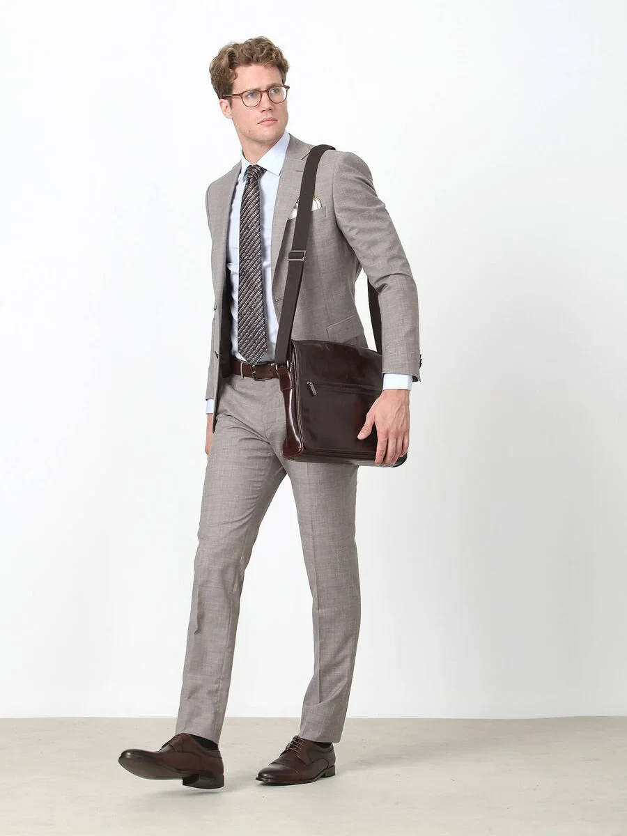 Vizon Kareli Modern Fit %100 Yün Takım Elbise - 1