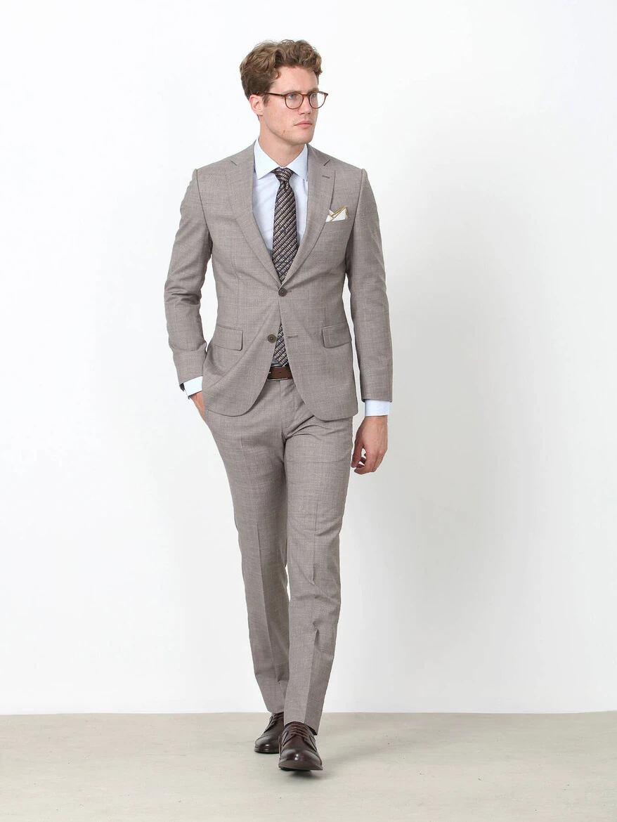 Vizon Kareli Modern Fit %100 Yün Takım Elbise - 2