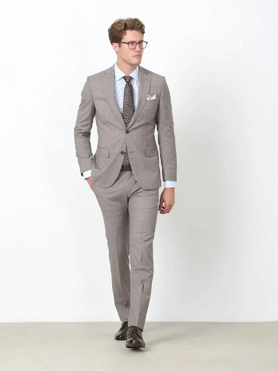 Vizon Kareli Modern Fit %100 Yün Takım Elbise - 2