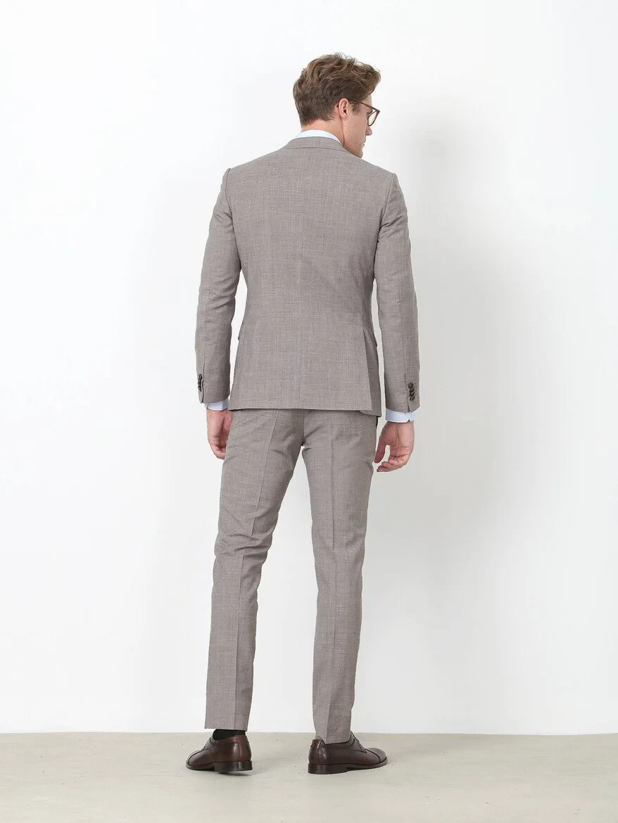 Vizon Kareli Modern Fit %100 Yün Takım Elbise - 4