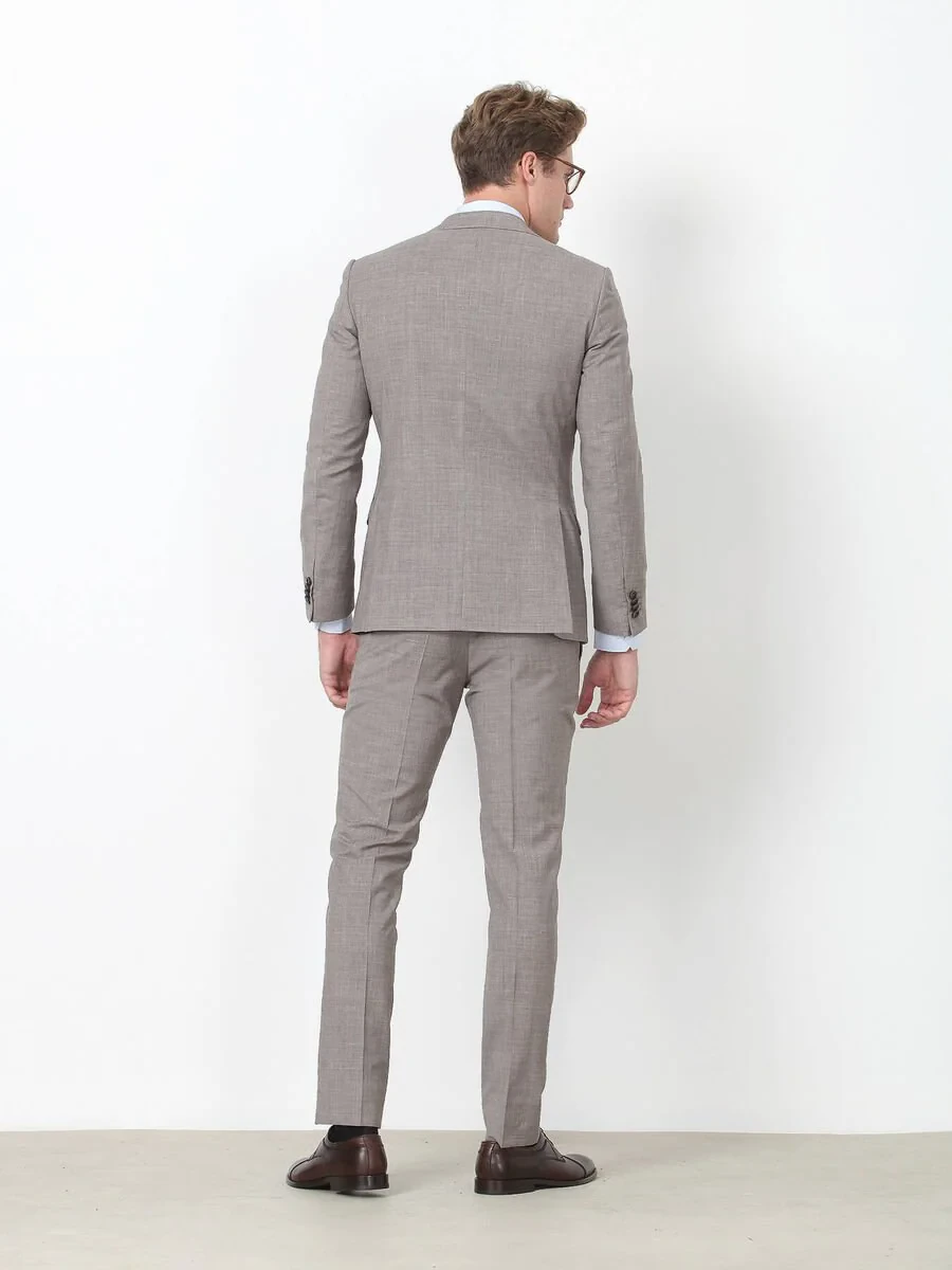 Vizon Kareli Modern Fit %100 Yün Takım Elbise - 4