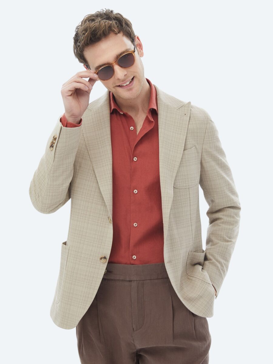 Vizon Kareli Modern Fit Yün Karışımlı Ceket - 1