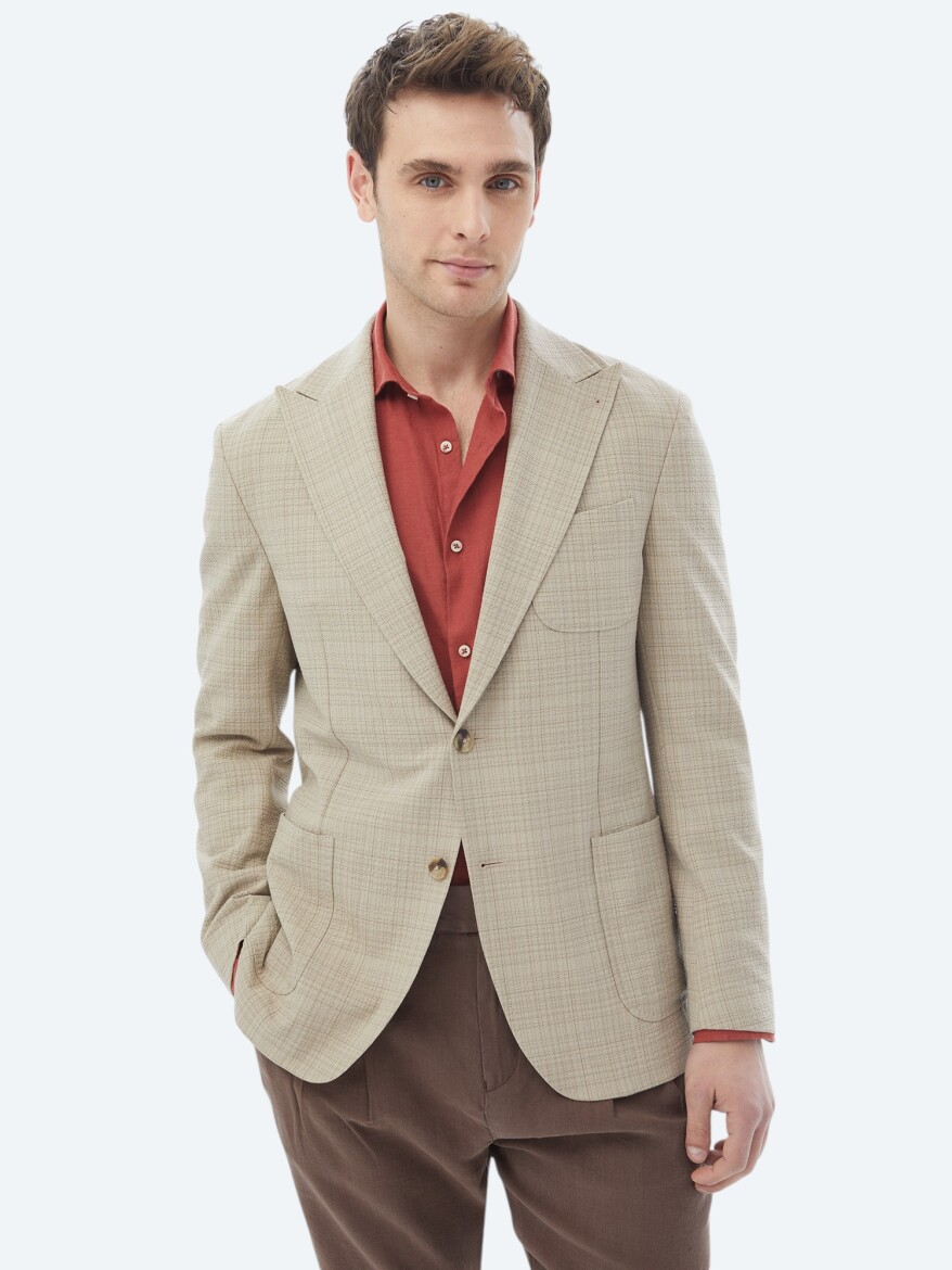 Vizon Kareli Modern Fit Yün Karışımlı Ceket - 5