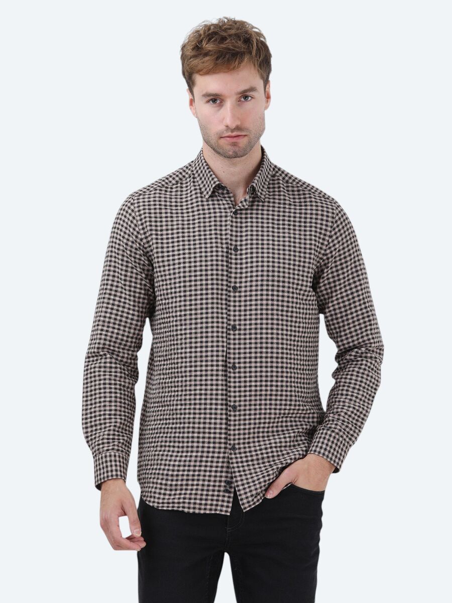 Vizon Kareli Regular Fit Uzun Dokuma Casual Pamuk Karışımlı Gömlek - 1