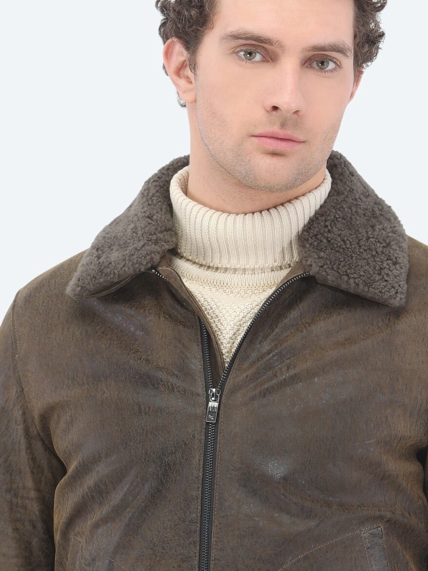 Vizon Regular Fit Bebe Yaka Smart Casual Koyun Derisi Deri Mont - 5