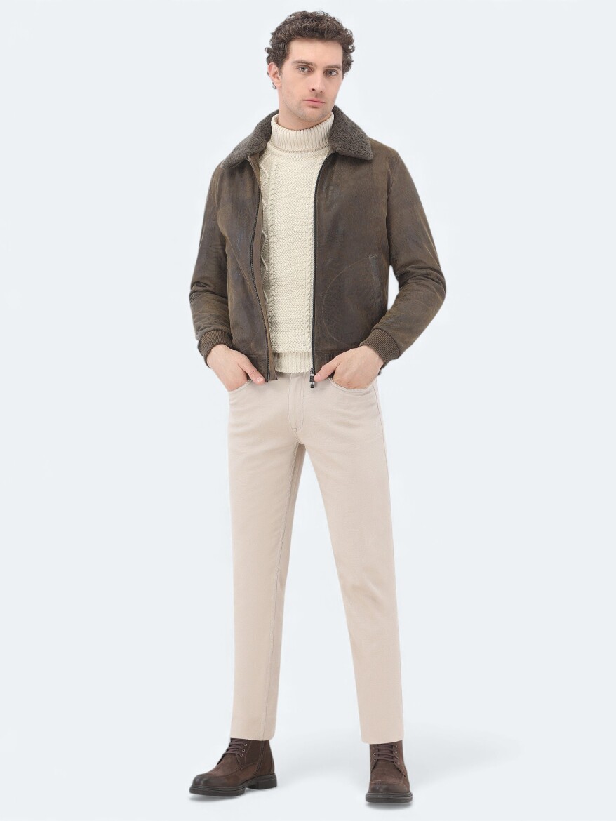 Vizon Regular Fit Bebe Yaka Smart Casual Koyun Derisi Deri Mont - 2