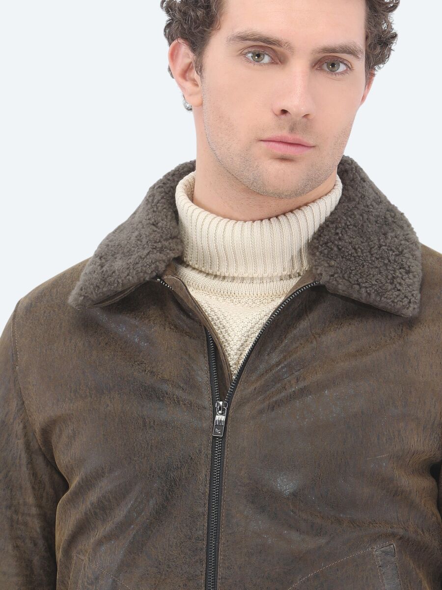 Vizon Regular Fit Bebe Yaka Smart Casual Koyun Derisi Deri Mont - 5