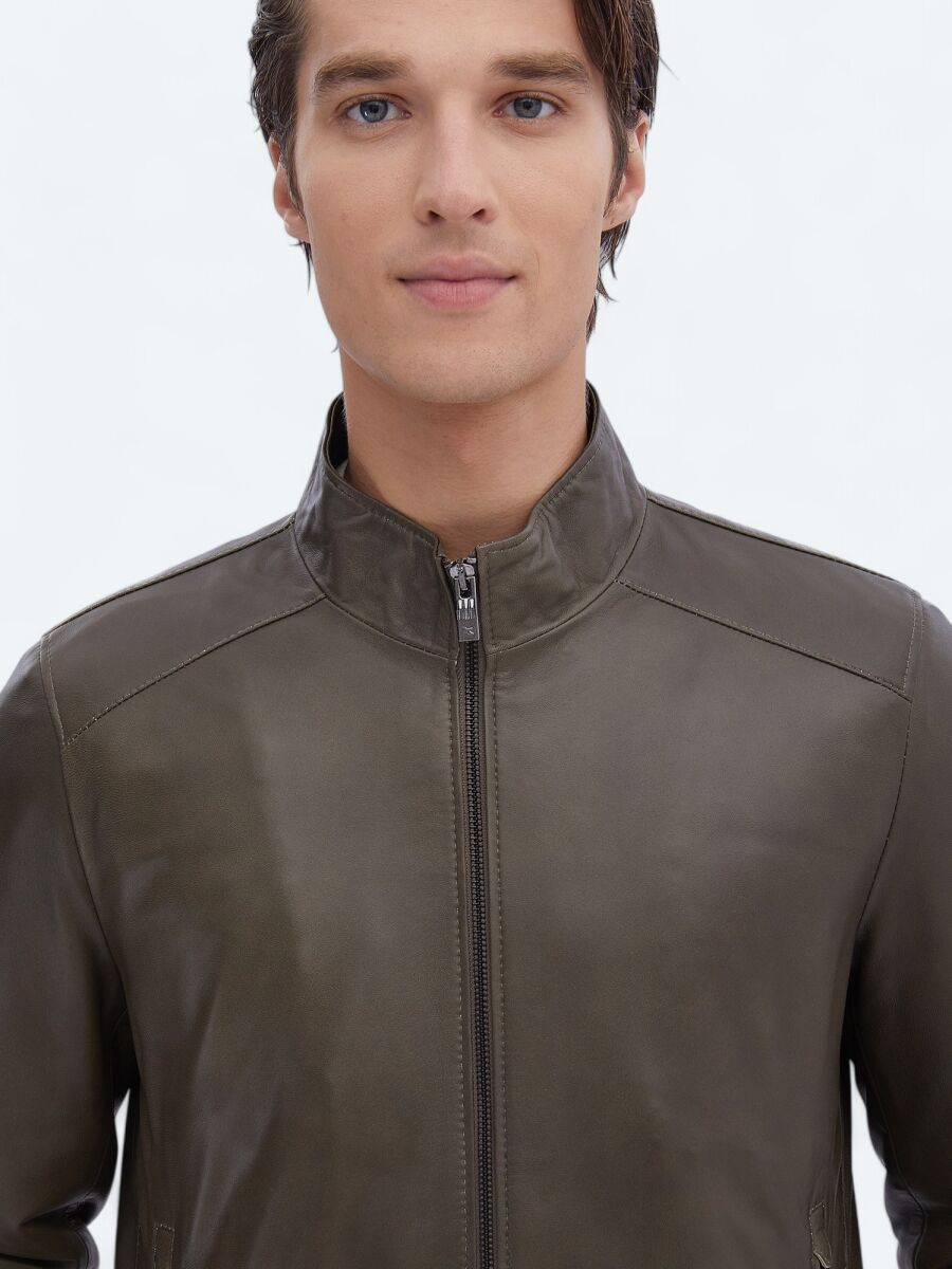 Vizon Regular Fit Dik Yaka Smart Casual Koyun Derisi Deri Mont - 4