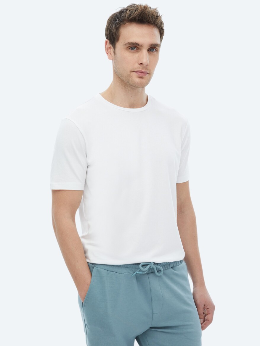 White Crew Neck Cotton Blended T-Shirt - 4