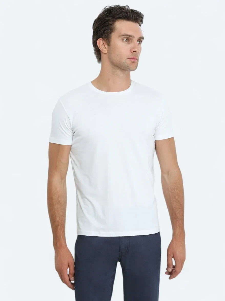 White Crew Neck Cotton Blended T-Shirt - 1