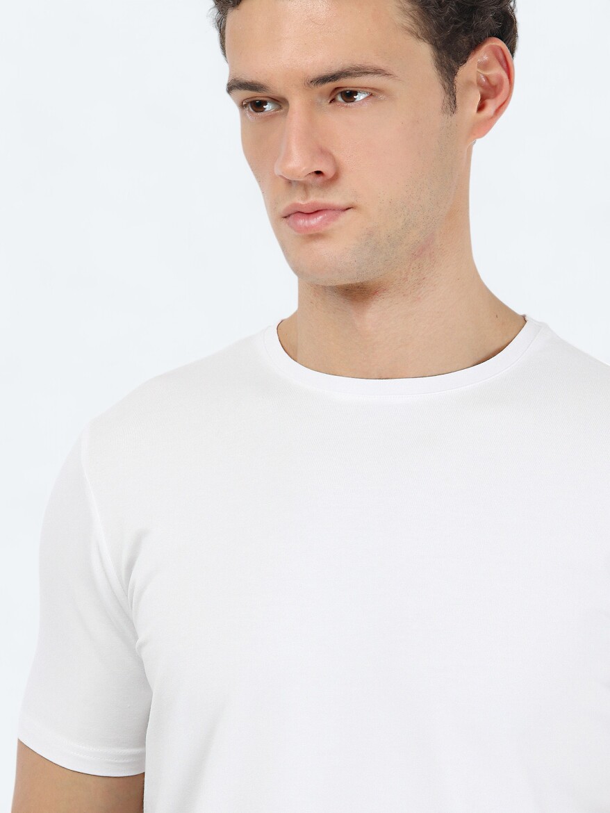 White Crew Neck Cotton Blended T-Shirt - 3