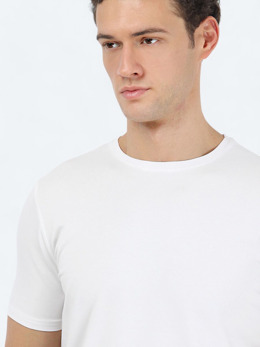White Crew Neck Cotton Blended T-Shirt - 3