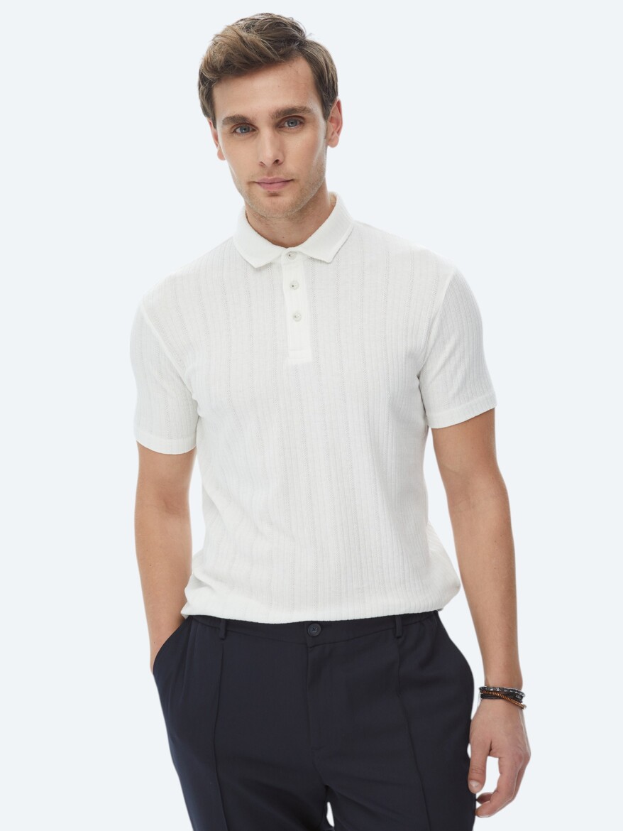 White Jacquard Polo Neck Cotton Blended T-Shirt - 2