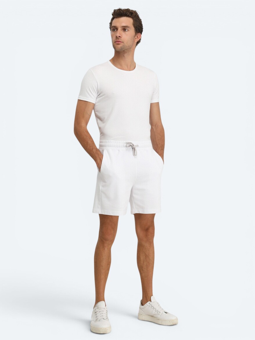 White Knitting Jogging Fit Sport Cotton Blended Bermuda - 1